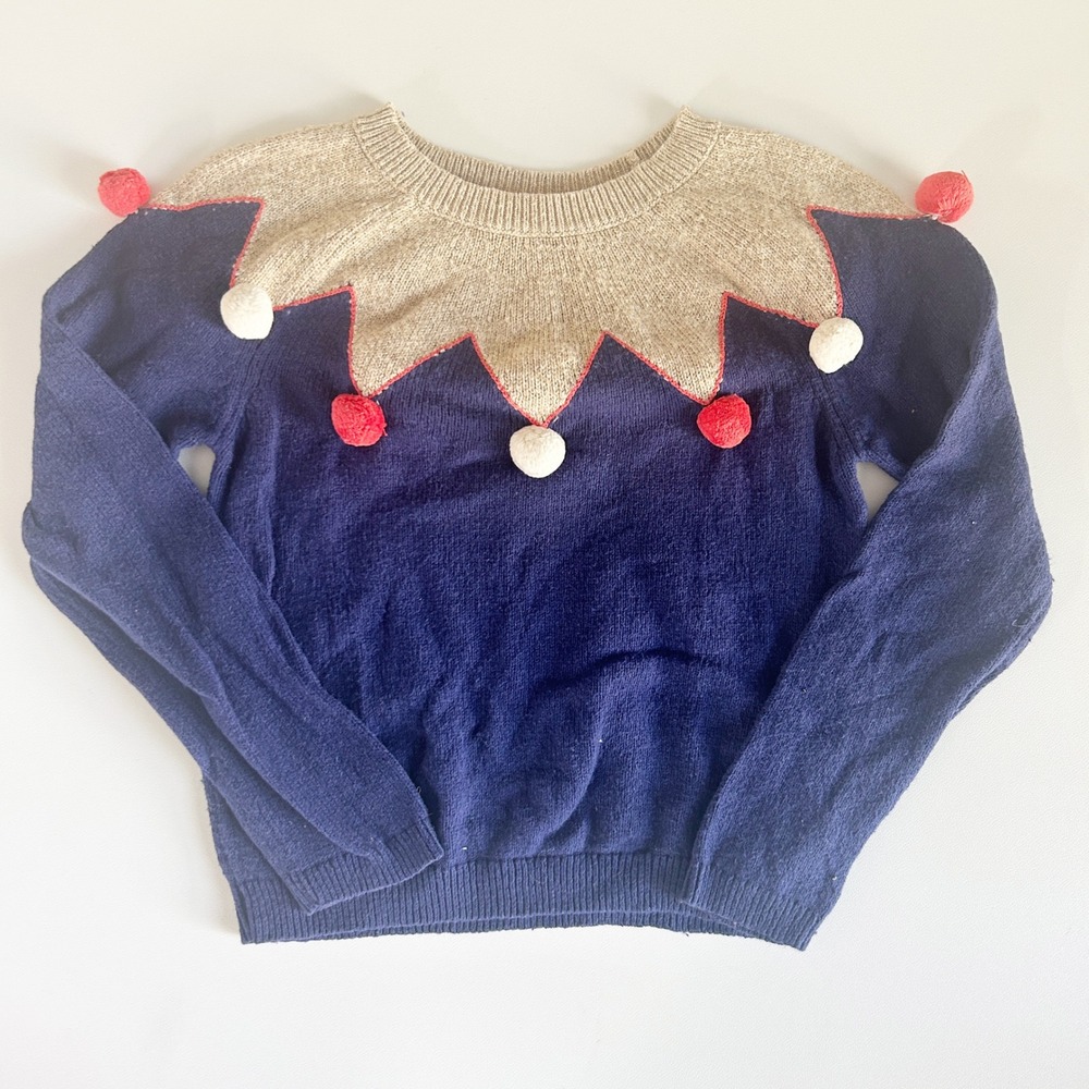 Mini Boden Kids Blue Gold Metallic Festive Elf Jester Pom Sweater‎ Size 7-8Y